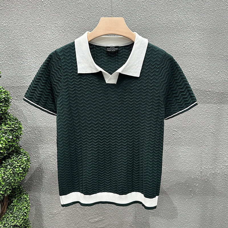 Mens Collarless Ice Silk Contrast-Knit Sweater