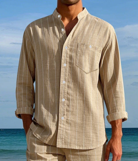 Men's Linen Striped Shirt with Stand-up Collar