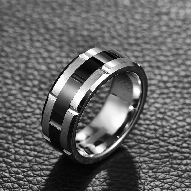 8MM Wide Combination Middle Black Polished Frosted Men Tungsten Ring