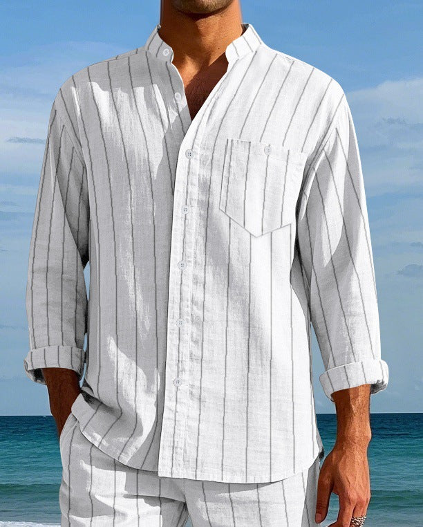 Men's Linen Striped Shirt with Stand-up Collar