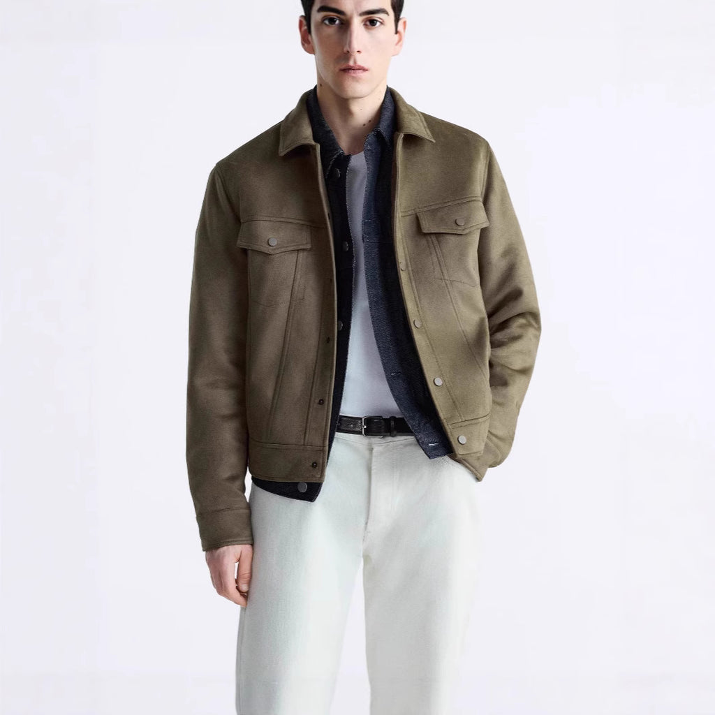 Mens Suede-Effect Lapel Jacket Coat