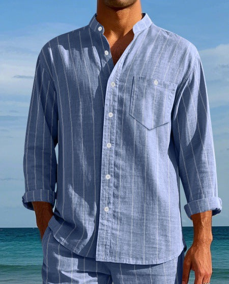 Men's Linen Striped Shirt with Stand-up Collar