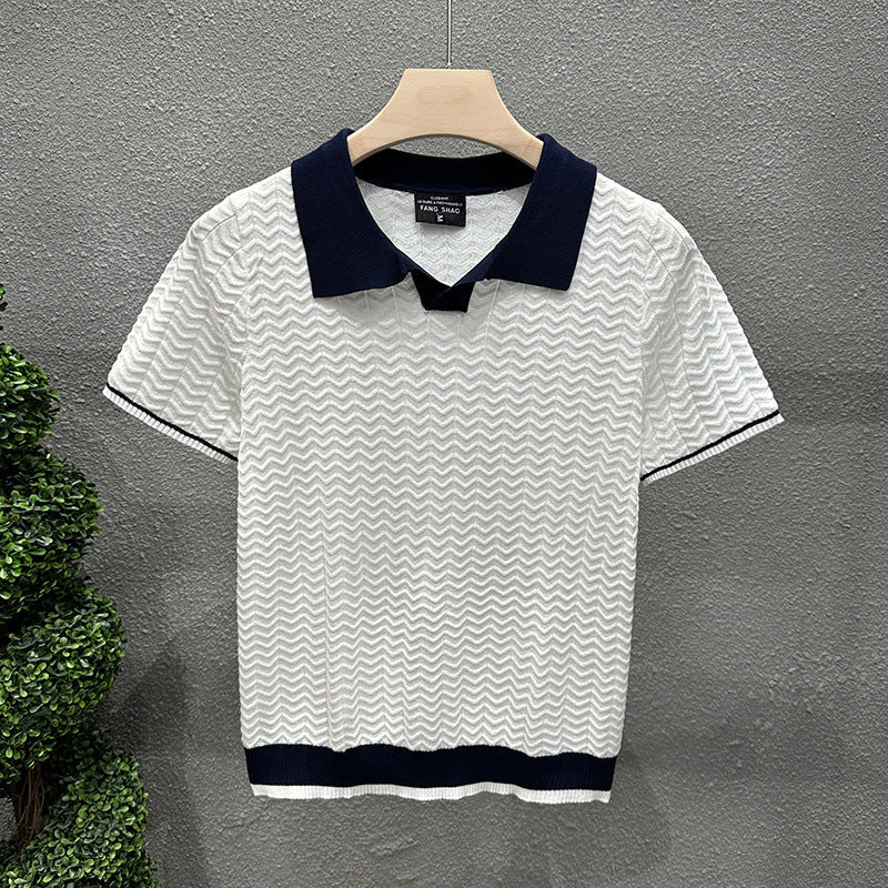 Mens Collarless Ice Silk Contrast-Knit Sweater