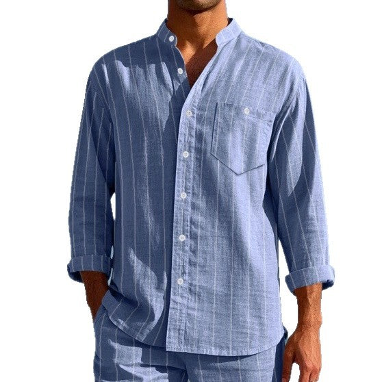 Men's Linen Striped Shirt with Stand-up Collar