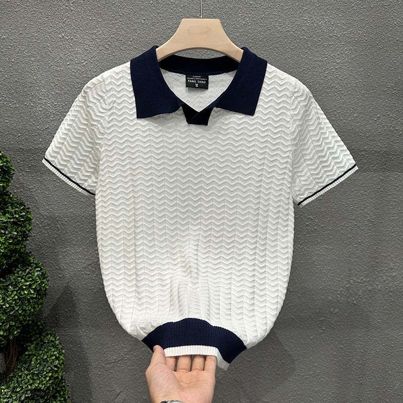 Mens Collarless Ice Silk Contrast-Knit Sweater