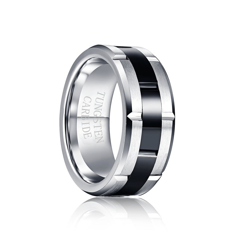 8MM Wide Combination Middle Black Polished Frosted Men Tungsten Ring