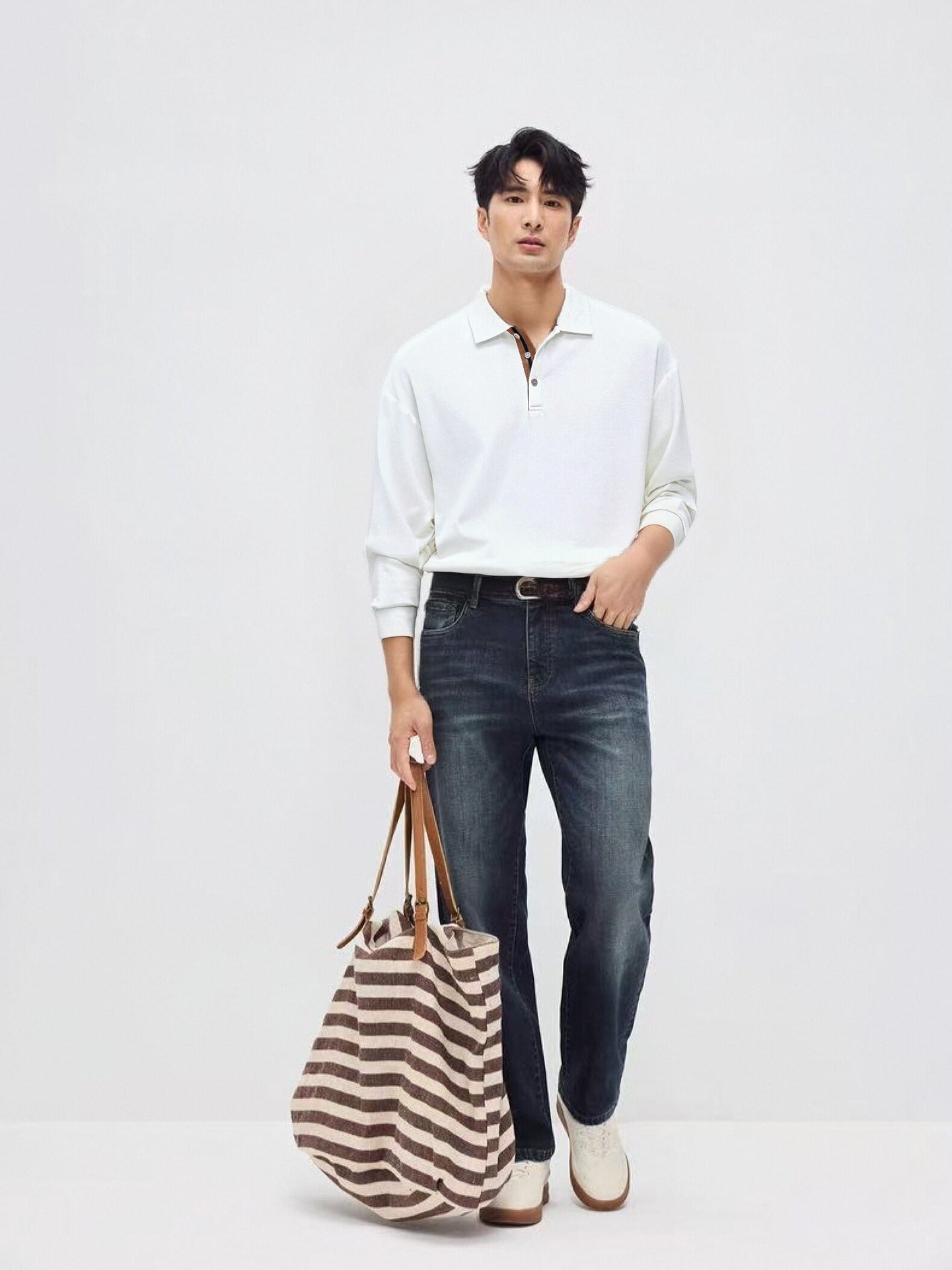 Mens Relaxed-fit Solid-color Casual Long-sleeve Shirt With A Turn-down Collar