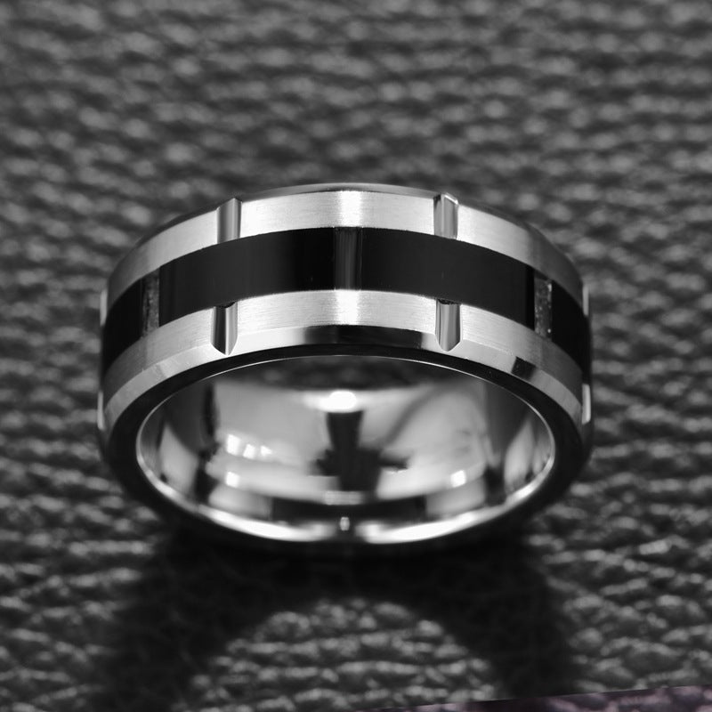 8MM Wide Combination Middle Black Polished Frosted Men Tungsten Ring