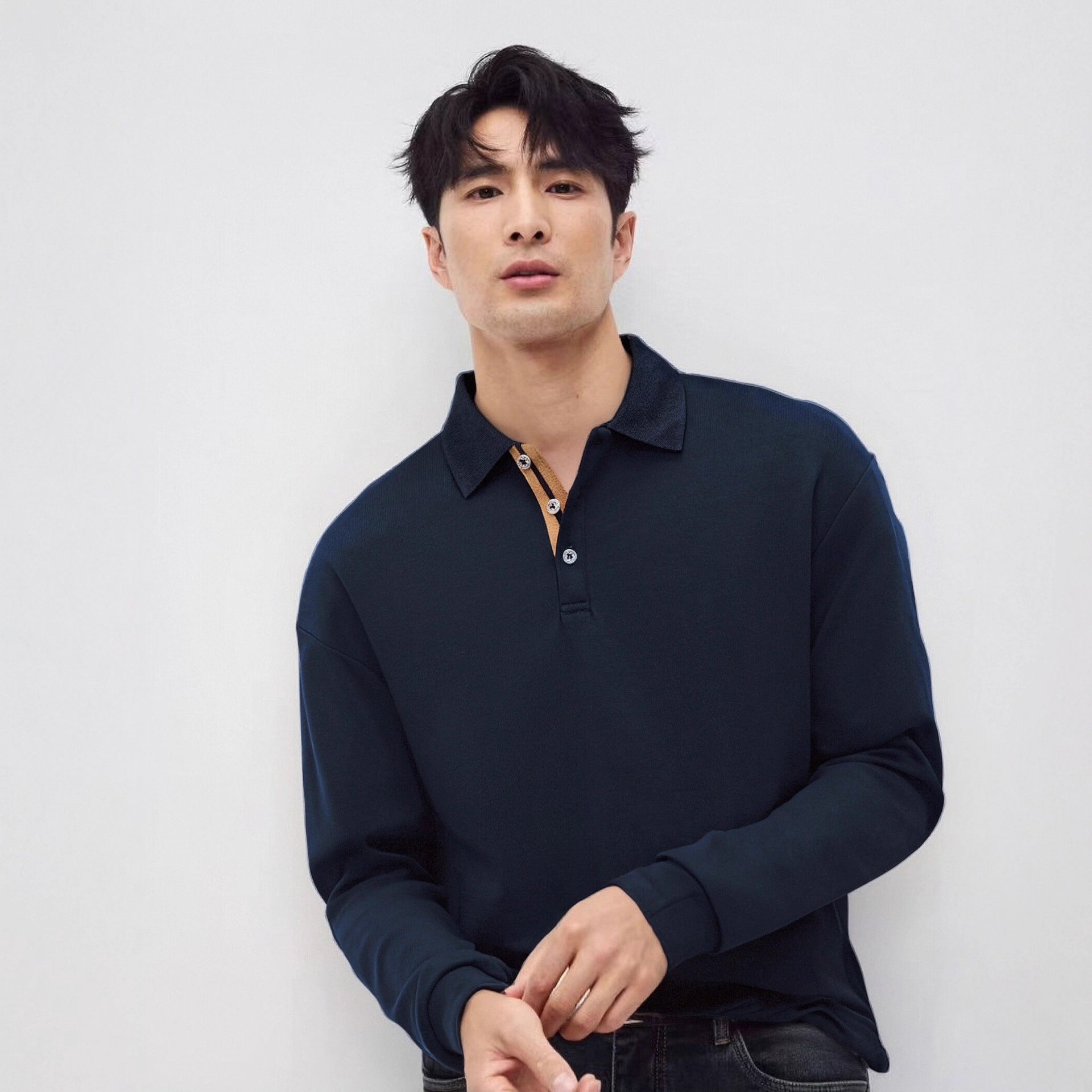 Mens Relaxed-fit Solid-color Casual Long-sleeve Shirt With A Turn-down Collar