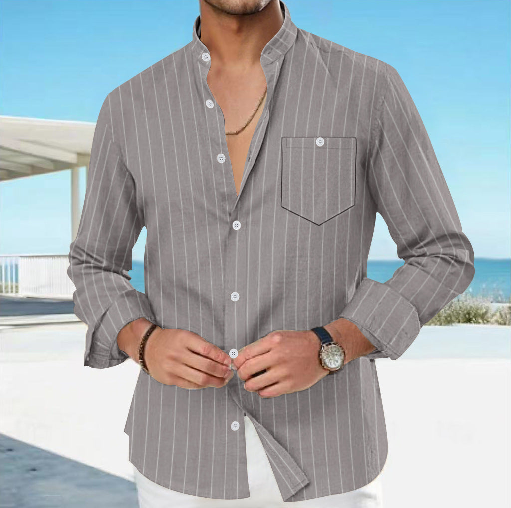 Men's Linen Striped Shirt with Stand-up Collar