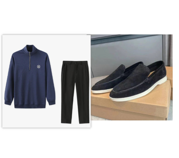 Half-high Neck Zippered Sweater  Pants For Men