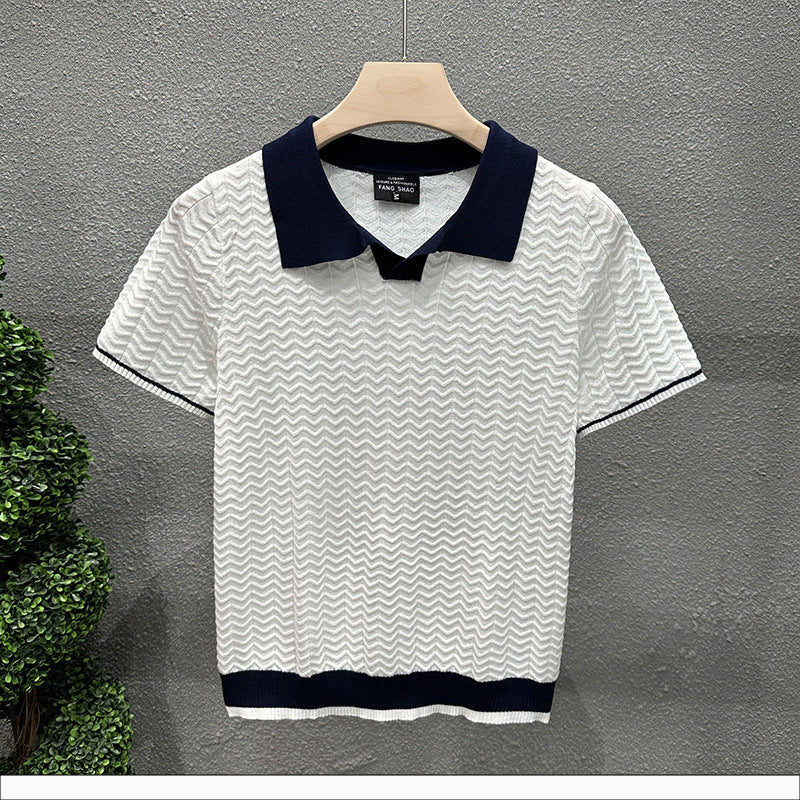 Mens Collarless Ice Silk Contrast-Knit Sweater