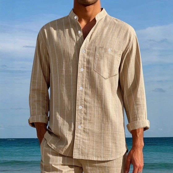 Men's Linen Striped Shirt with Stand-up Collar