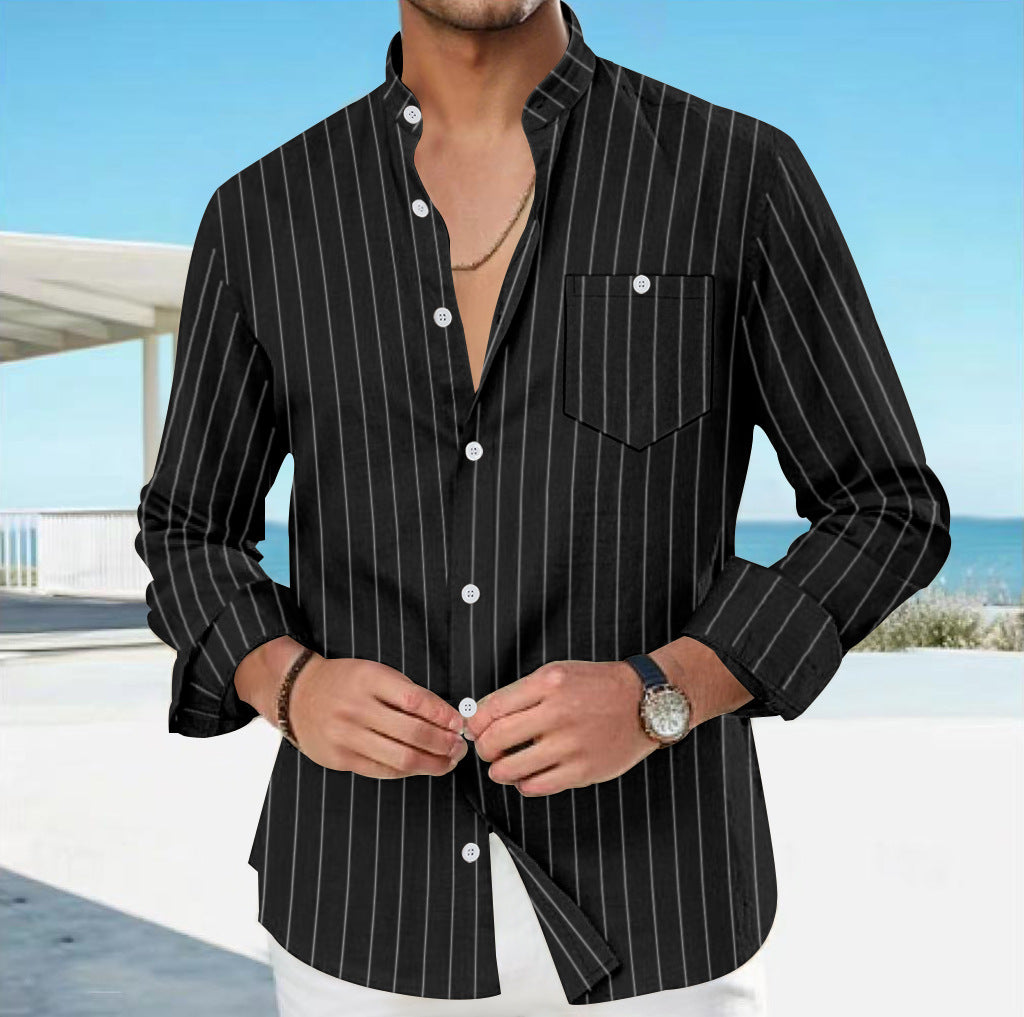 Men's Linen Striped Shirt with Stand-up Collar