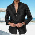 Men's Linen Striped Shirt with Stand-up Collar