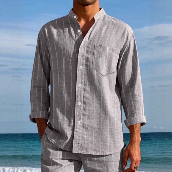 Men's Linen Striped Shirt with Stand-up Collar