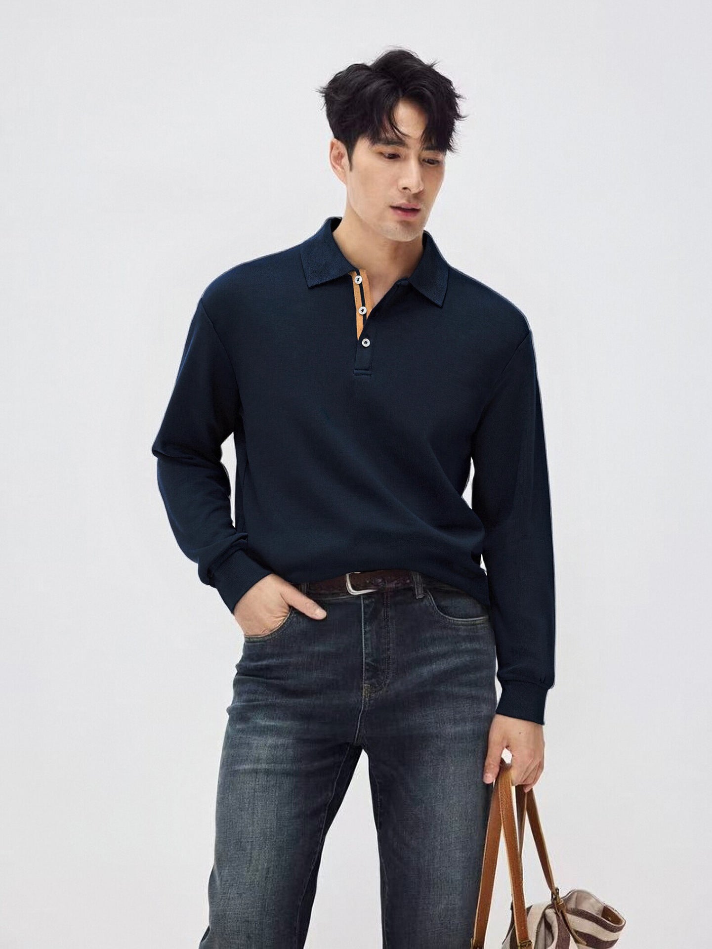 Mens Relaxed-fit Solid-color Casual Long-sleeve Shirt With A Turn-down Collar