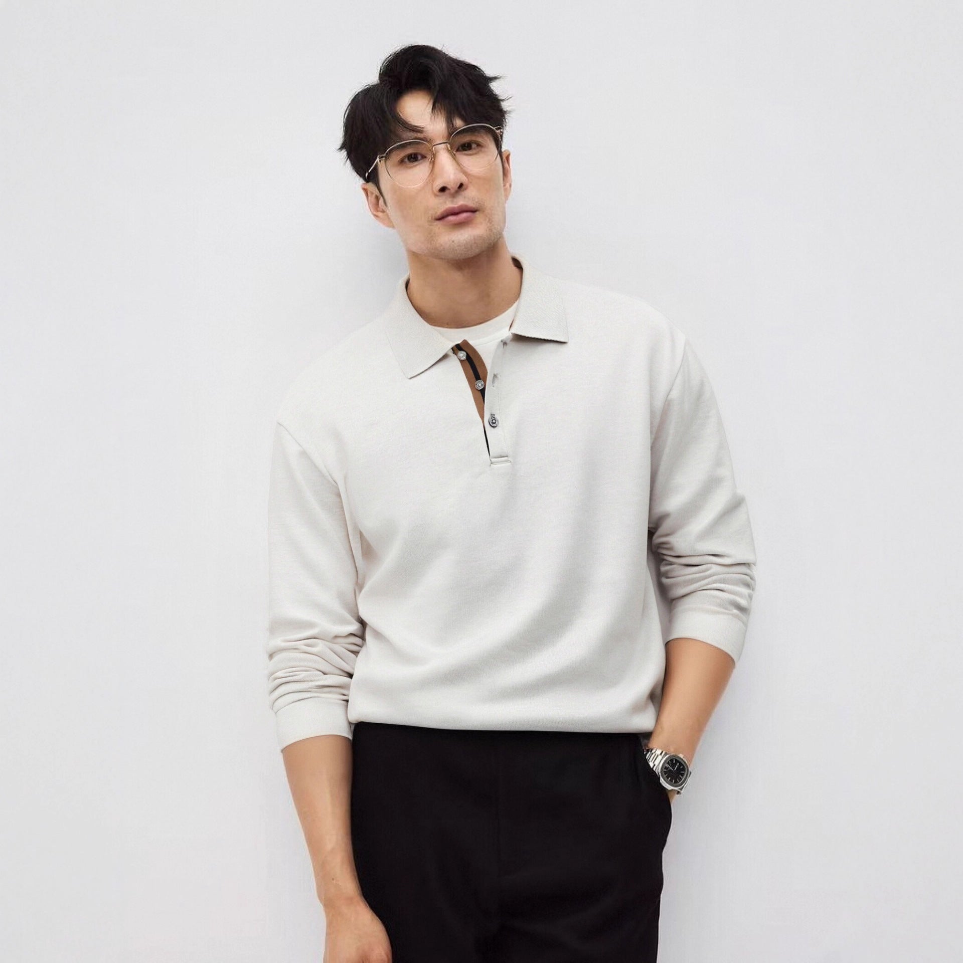 Mens Relaxed-fit Solid-color Casual Long-sleeve Shirt With A Turn-down Collar