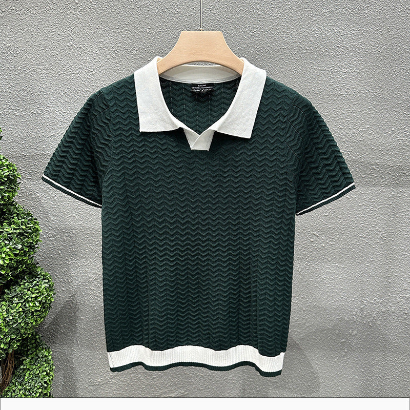 Mens Collarless Ice Silk Contrast-Knit Sweater