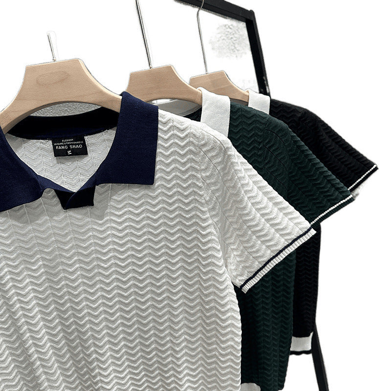 Mens Collarless Ice Silk Contrast-Knit Sweater