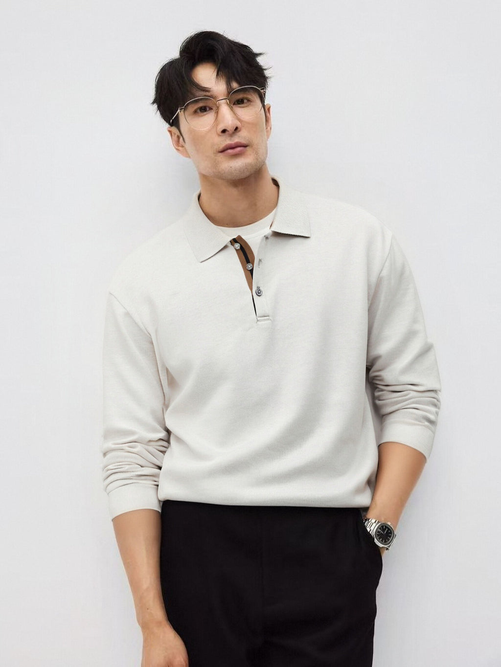 Mens Relaxed-fit Solid-color Casual Long-sleeve Shirt With A Turn-down Collar