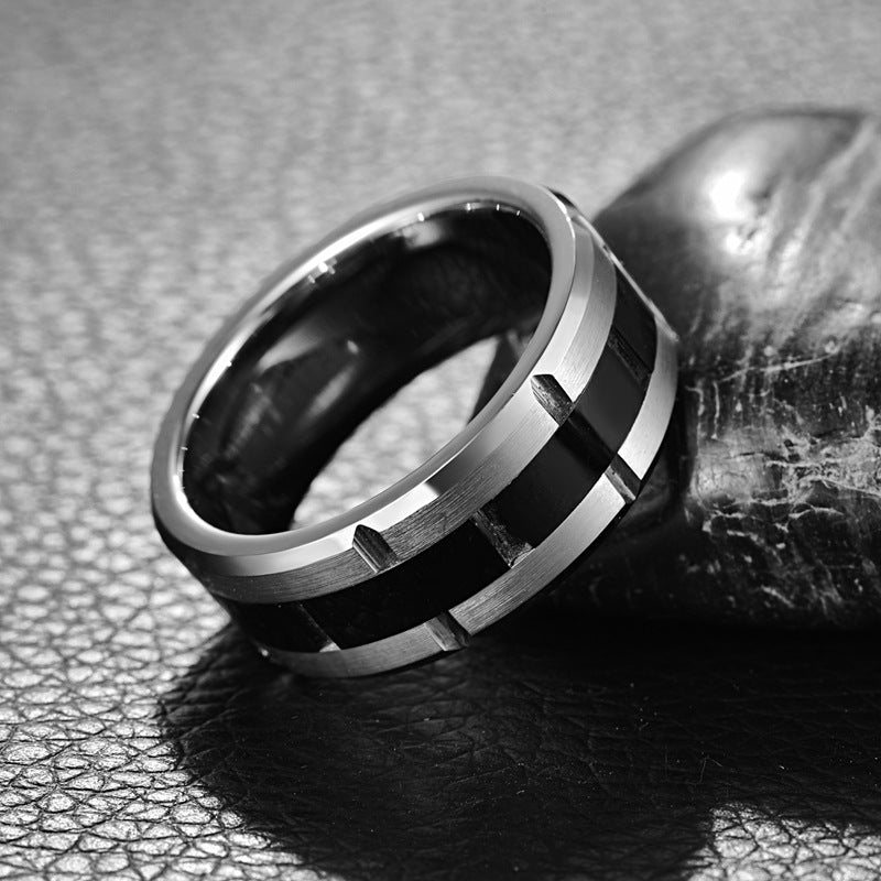 8MM Wide Combination Middle Black Polished Frosted Men Tungsten Ring