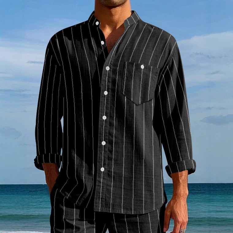 Men's Linen Striped Shirt with Stand-up Collar