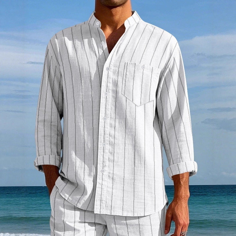 Men's Linen Striped Shirt with Stand-up Collar