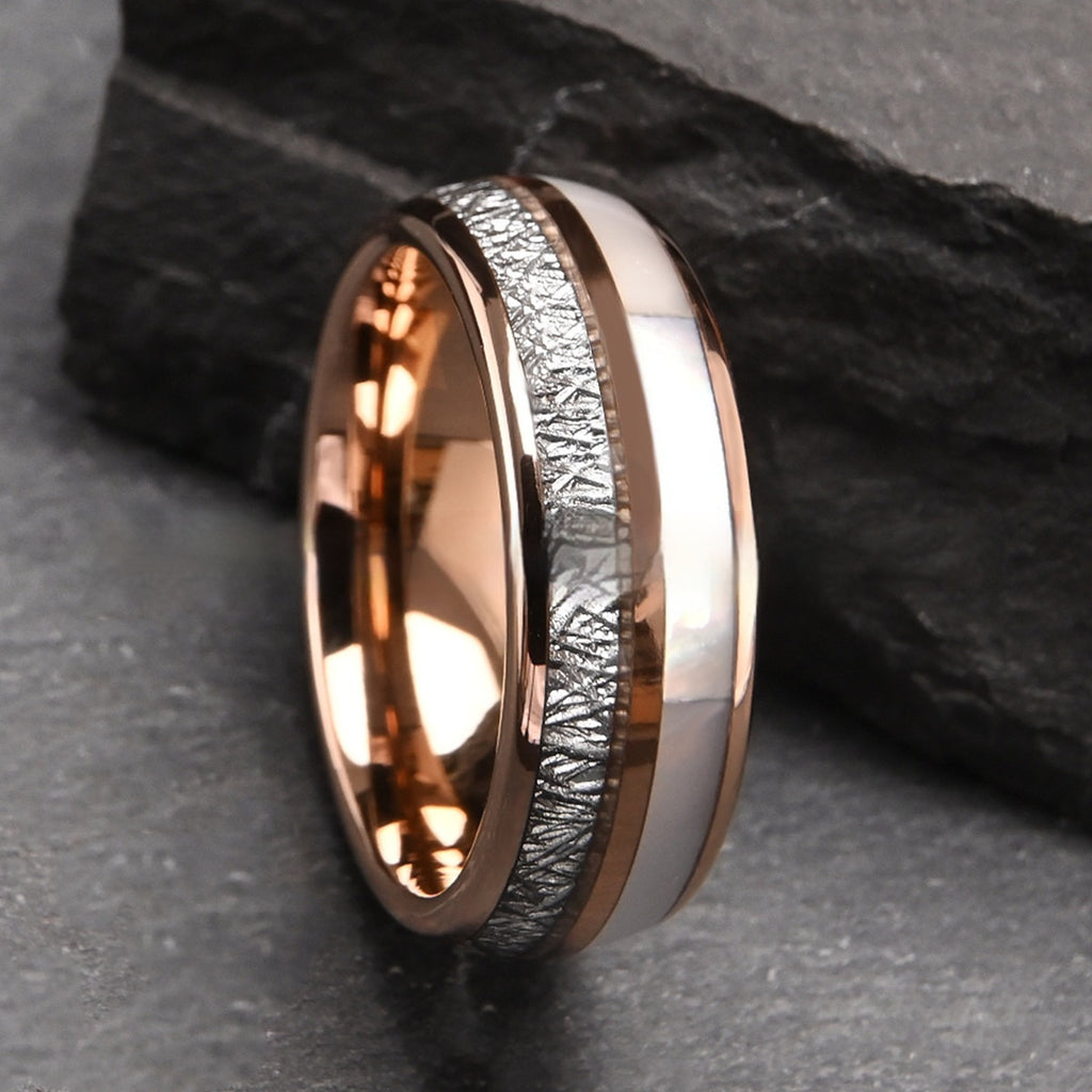 Silver Rose Gold Tungsten Ring Inlaid White Shell Men's And Women's Pearls